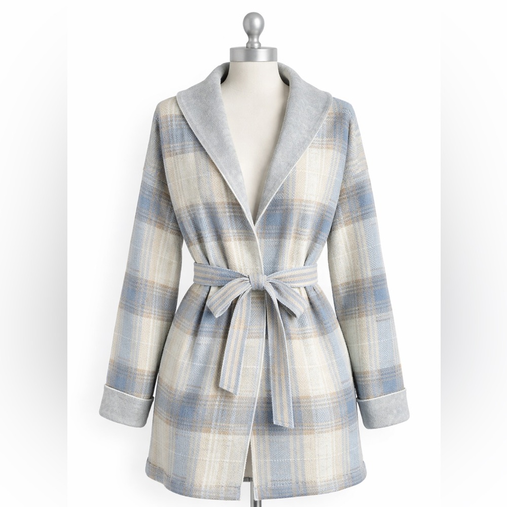 TITLE:
Absolutely Famous Blue Tan Plaid Belted Wrap Cardigan Sweater